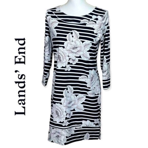 Lands’ End Black & White Floral Striped Cruise Vacation Shift Dress NWOT Size SP - Picture 2 of 10